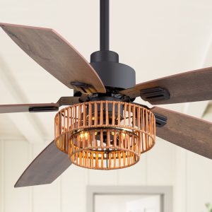 52" Farmhouse Ceiling Fan With Light, 5 Dual-Finish Reversible Plywood Blades, Quiet Energy-Saving DC Motor, E12 Bulb Base, 6-Speed Remote Control With Timer, Forward/Reverse Rotation, And 6" Downrod Included