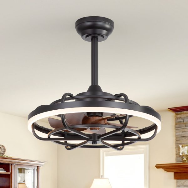 19.7-Inch Caged Ceiling Fan With Light C Matte Black Finish, Quiet DC Motor, Remote Control,5 ABS Blades, Dimmable LED With 3 Color Temperatures,2 Downrods Included6" & 10"