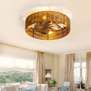19-In Rattan Shade Low Profile Ceiling Fan With Remote Control(7-Blade)