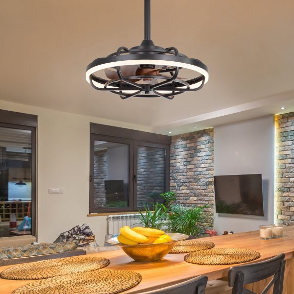 19.7-Inch Caged Ceiling Fan With Light C Matte Black Finish, Quiet DC Motor, Remote Control,5 ABS Blades, Dimmable LED With 3 Color Temperatures,2 Downrods Included6" & 10"