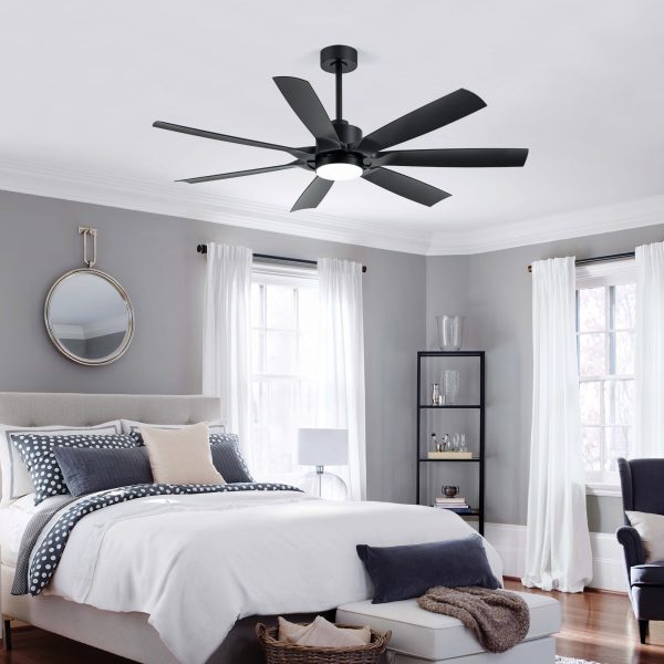 60-Inch Modern Matte Black 7-Blade Ceiling Fan With 18W LED Light, 6-Speed DC Motor,Remote,3 Color Temps And Dual Downrods (6" & 12")