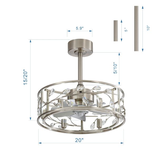 20-Inch Caged Crystal Ceiling Fan With Remote Control And Light Kit,5" And 10" Downrod Included