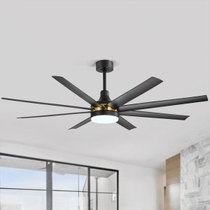 65-Inch BlackGold Industrial Ceiling Fan With Light And Remote, 8 ABS Blades, Quiet Reversible DC Motor, 6-Speed, Timer Function, 3 Color LED Light Chandelier