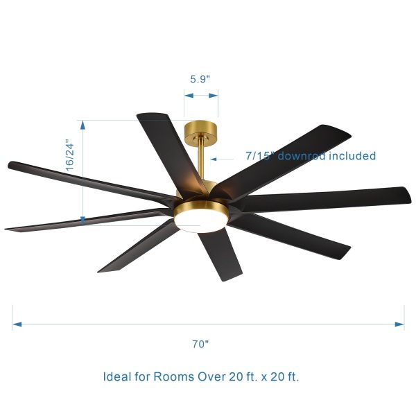 23044-GB1_12.jpg Gold & Black Ceiling Fans With LED Lights, 70 Inch 8-Blade Ceiling Fan Remote Control, Industrial Ceiling Fan With Reversible DC Motor, Downrod Mount LED Ceiling Light For Bedroom