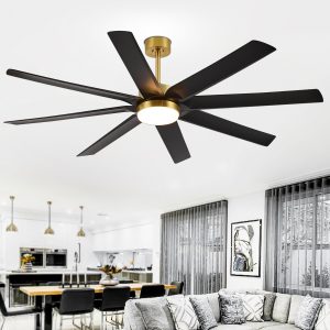 Gold & Black Ceiling Fans With LED Lights, 70 Inch 8-Blade Ceiling Fan Remote Control, Industrial Ceiling Fan With Reversible DC Motor, Downrod Mount LED Ceiling Light For Bedroom