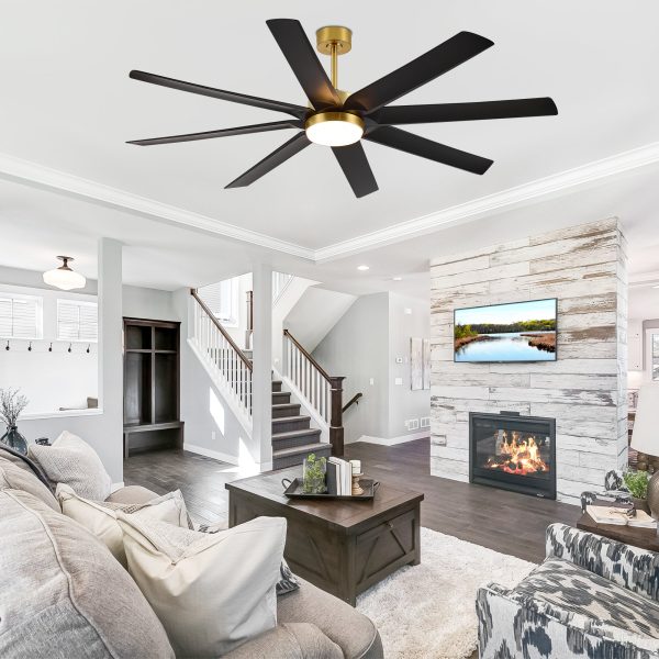 23044-GB1_15.jpg Gold & Black Ceiling Fans With LED Lights, 70 Inch 8-Blade Ceiling Fan Remote Control, Industrial Ceiling Fan With Reversible DC Motor, Downrod Mount LED Ceiling Light For Bedroom