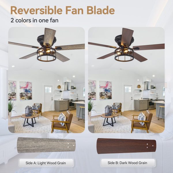 52 Inch 5-Blade Flush Ceiling Fan With Light Kit And Remote Control Included