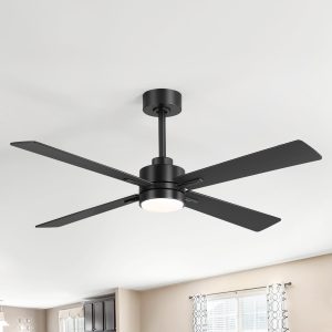52 Inch 4-Blade Ceiling Fans With Lights, Quiet Reversible DC Motor, 6-Speed, Timer, Industrial Black Ceiling Fan Remote Control, Led Fandelier Ceiling Fan For Bedroom Living Room
