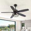 52-inch  Industrial 5-Blade Black Ceiling Fan with Light Kit, Remote Control, Reversible Wood Blades, 6-Speed DC Motor, 5" & 10" Downrod