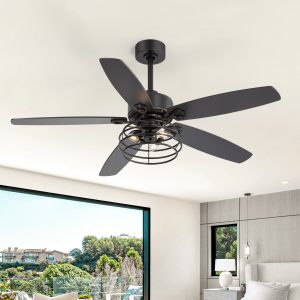 52-inch  Industrial 5-Blade Black Ceiling Fan with Light Kit, Remote Control, Reversible Wood Blades, 6-Speed DC Motor, 5" & 10" Downrod