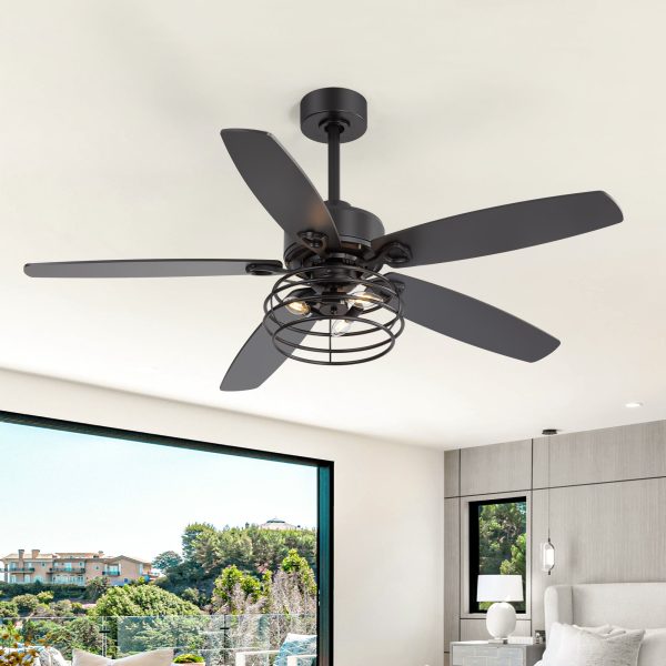 52-inch  Industrial 5-Blade Black Ceiling Fan with Light Kit, Remote Control, Reversible Wood Blades, 6-Speed DC Motor, 5" & 10" Downrod