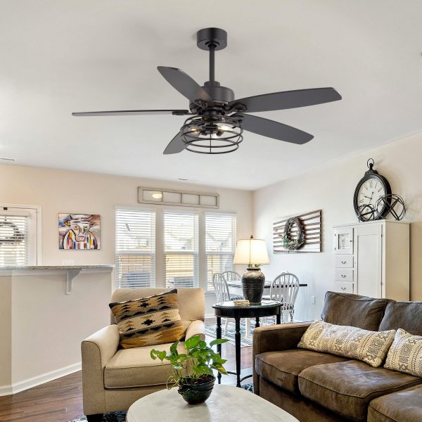 52-inch  Industrial 5-Blade Black Ceiling Fan with Light Kit, Remote Control, Reversible Wood Blades, 6-Speed DC Motor, 5" & 10" Downrod