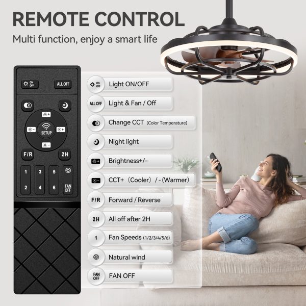 19.7-Inch Caged Ceiling Fan With Light C Matte Black Finish, Quiet DC Motor, Remote Control,5 ABS Blades, Dimmable LED With 3 Color Temperatures,2 Downrods Included6" & 10"