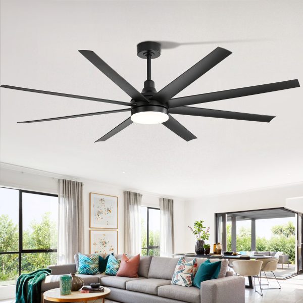 72-Inch Industrial Ceiling Fan With Lights And Remote, 8 ABS Blades, Quiet Reversible DC Motor, 6-Speed, Timer Function, 3 Color LED Light Chandelier