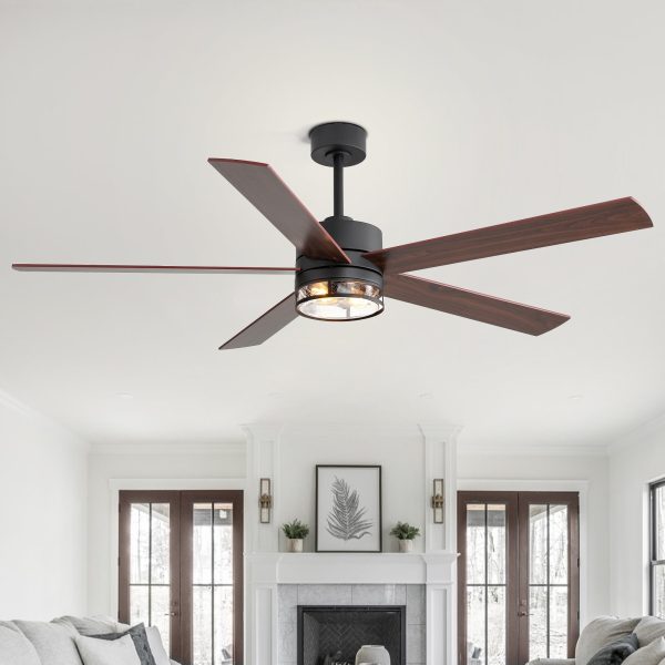 Farmhouse 65-Inch Ceiling Fan With Light And Remote, Matte Black Finish, 5 Reversible Blades(Dark Wood Grain & Light Wood Grain), 6-Speed Quiet DC Motor, Dual Downrods (7" & 15"), Glass Lampshade, 2  E26 Base LED Bulbs Required