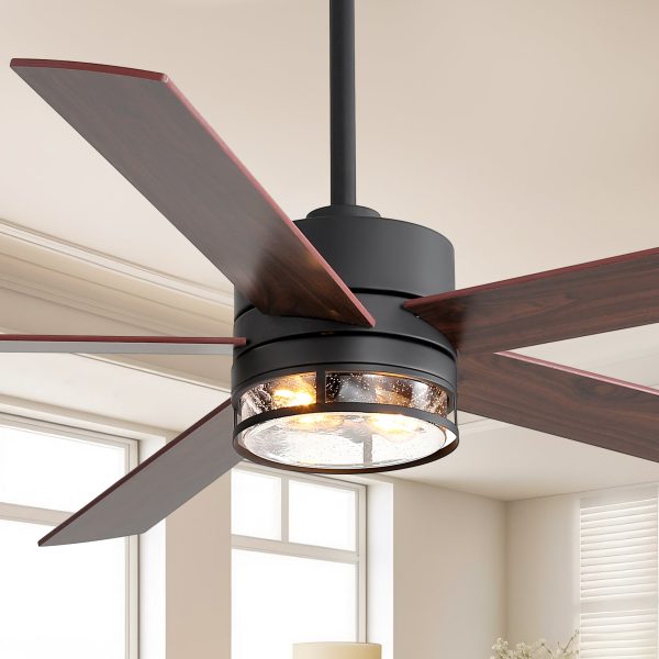 Farmhouse 65-Inch Ceiling Fan With Light And Remote, Matte Black Finish, 5 Reversible Blades(Dark Wood Grain & Light Wood Grain), 6-Speed Quiet DC Motor, Dual Downrods (7" & 15"), Glass Lampshade, 2  E26 Base LED Bulbs Required
