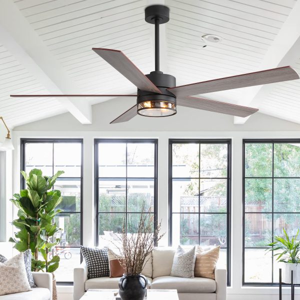 Farmhouse 65-Inch Ceiling Fan With Light And Remote, Matte Black Finish, 5 Reversible Blades(Dark Wood Grain & Light Wood Grain), 6-Speed Quiet DC Motor, Dual Downrods (7" & 15"), Glass Lampshade, 2  E26 Base LED Bulbs Required