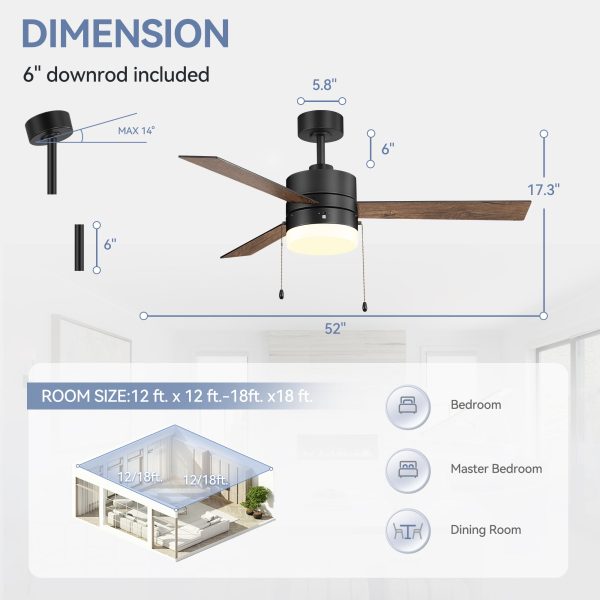 52-Inch 3 Reversible Blades Ceiling Fan With LED Light,Pull Chain And 6" Downrod Included