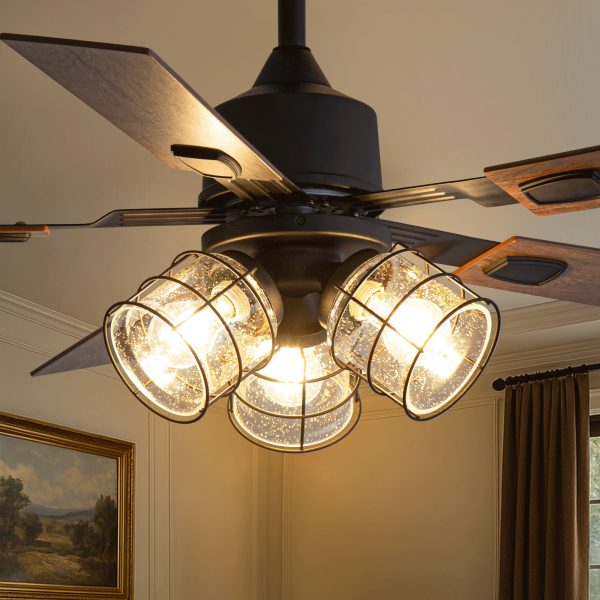 52-Inch Industrial Reversible 5-Blades Glass Shade Ceiling Fan With Remote And Light Kit