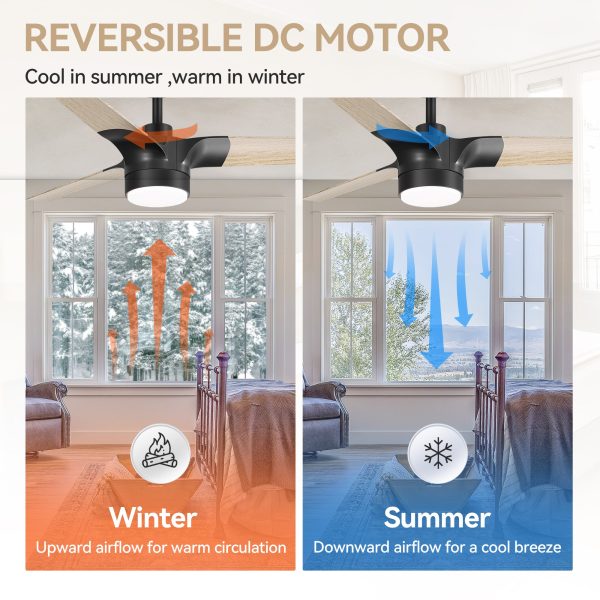 52-Inch Matte Black Ceiling Fan With Light, 3 Wood Grain Blades, 22W LED Light, 6-Speed Quiet DC Motor, Remote Control, 3 Color Temps & 6" Downrod Included
