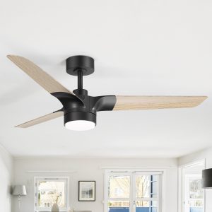 52-Inch Matte Black Ceiling Fan With Light, 3 Wood Grain Blades, 22W LED Light, 6-Speed Quiet DC Motor, Remote Control, 3 Color Temps & 6" Downrod Included