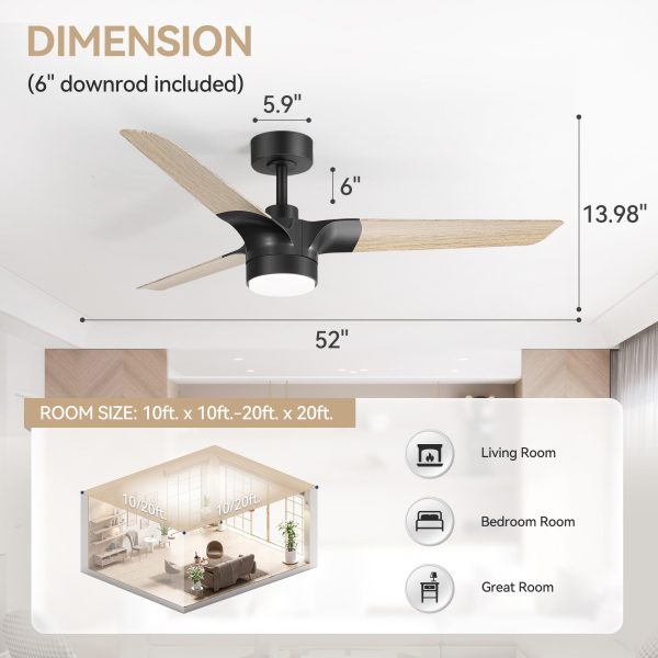 52-Inch Matte Black Ceiling Fan With Light, 3 Wood Grain Blades, 22W LED Light, 6-Speed Quiet DC Motor, Remote Control, 3 Color Temps & 6" Downrod Included