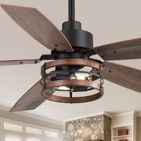52-Inch Farmhouse Caged Ceiling Fan With Light And Remote,5 Reversible Blades And 6" Downrod Included