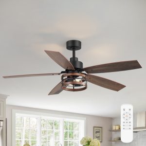 52-Inch Farmhouse Caged Ceiling Fan With Light And Remote,5 Reversible Blades And 6" Downrod Included