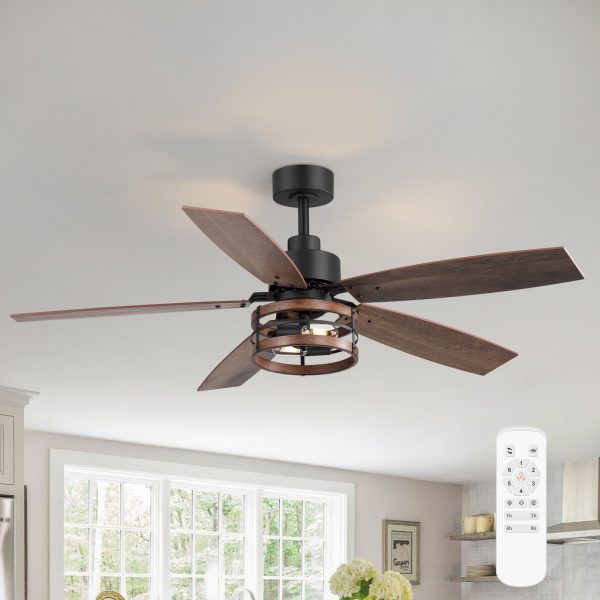 52-Inch Farmhouse Caged Ceiling Fan With Light And Remote,5 Reversible Blades And 6" Downrod Included
