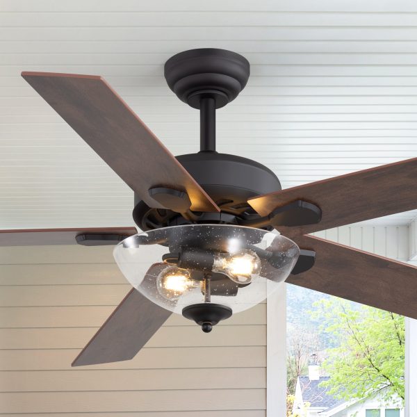 52" Farmhouse Industrial Ceiling Fan With Light, 5 Reversible Wood Grain Blades, DC Motor, Remote Control, 6 Speeds, Forward/Reverse, Matte Black Finish, 6 Downrod, Glass Lampshade,E26 Bulb Base (2 Bulbs Required, Not Included)