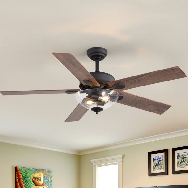 52" Farmhouse Industrial Ceiling Fan With Light, 5 Reversible Wood Grain Blades, DC Motor, Remote Control, 6 Speeds, Forward/Reverse, Matte Black Finish, 6 Downrod, Glass Lampshade,E26 Bulb Base (2 Bulbs Required, Not Included)