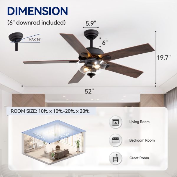 52" Farmhouse Industrial Ceiling Fan With Light, 5 Reversible Wood Grain Blades, DC Motor, Remote Control, 6 Speeds, Forward/Reverse, Matte Black Finish, 6 Downrod, Glass Lampshade,E26 Bulb Base (2 Bulbs Required, Not Included)