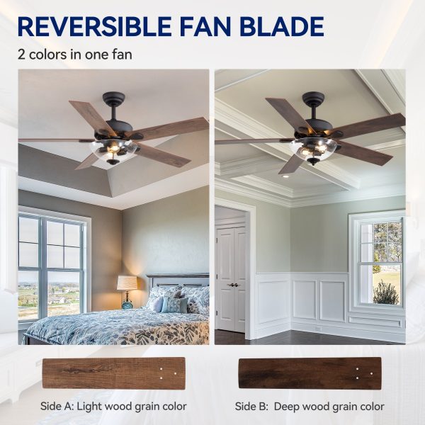 52" Farmhouse Industrial Ceiling Fan With Light, 5 Reversible Wood Grain Blades, DC Motor, Remote Control, 6 Speeds, Forward/Reverse, Matte Black Finish, 6 Downrod, Glass Lampshade,E26 Bulb Base (2 Bulbs Required, Not Included)