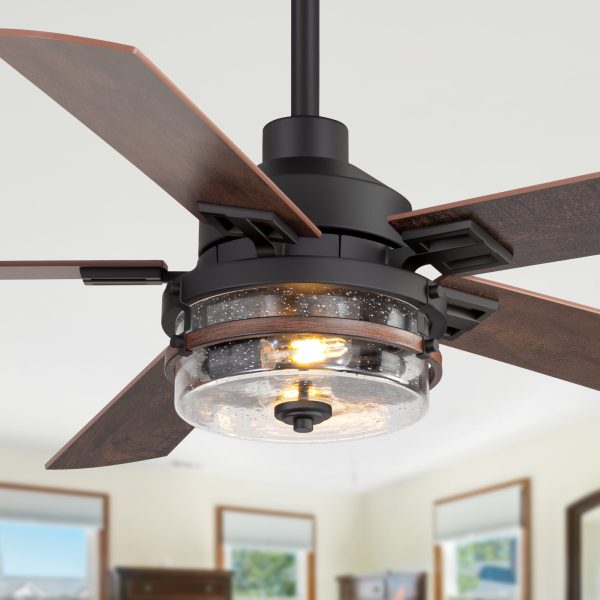 52-inch Matte Black Ceiling Fan with 5 Reversible  Blades, Seeded Glass Shade, 6-Speed Quiet DC Motor, Remote Control