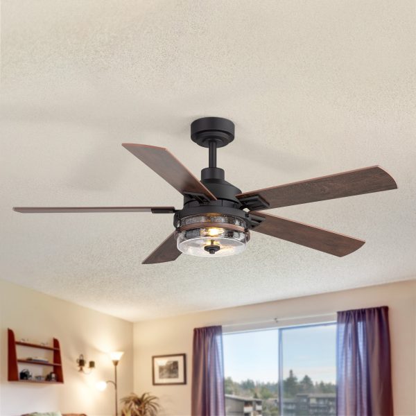52-inch Matte Black Ceiling Fan with 5 Reversible  Blades, Seeded Glass Shade, 6-Speed Quiet DC Motor, Remote Control