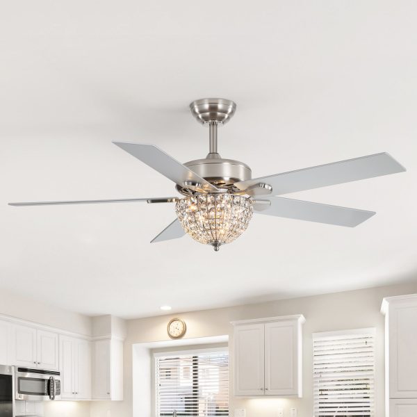 52" Satin Nickel Ceiling Fan With Light, 5 Dual-Finish Reversible Blades (Warm Wood/Silver), Quiet Energy-Saving DC Motor, E12 Bulb Base, 6 Speeds With Timer & Remote Control, Forward/Reverse Airflow