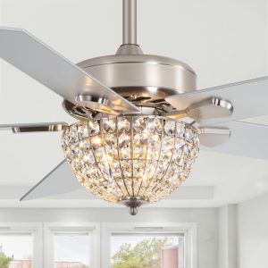 52" Satin Nickel Ceiling Fan With Light, 5 Dual-Finish Reversible Blades (Warm Wood/Silver), Quiet Energy-Saving DC Motor, E12 Bulb Base, 6 Speeds With Timer & Remote Control, Forward/Reverse Airflow