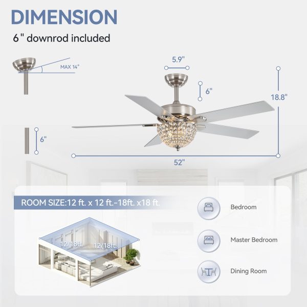 52" Satin Nickel Ceiling Fan With Light, 5 Dual-Finish Reversible Blades (Warm Wood/Silver), Quiet Energy-Saving DC Motor, E12 Bulb Base, 6 Speeds With Timer & Remote Control, Forward/Reverse Airflow