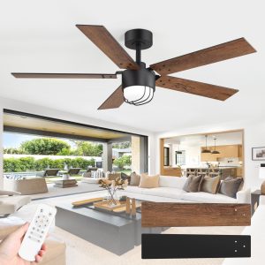 52 Inch Matte Black Ceiling Fan With Light And Remote, Industrial Caged Frosted Glass Shade, 18W LED 3CCT Lighting With Memory Function, 6-Speed Reversible Quiet DC Motor, Timer, 5 Dual-Finish Blades For Bedroom Living Room