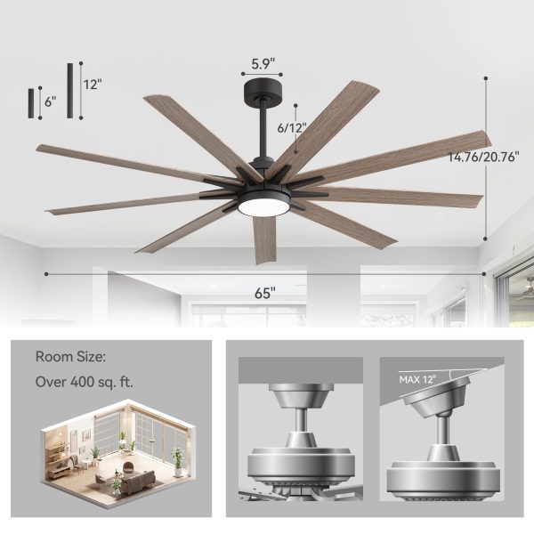 29024-BKZ1_HD.jpg 65" LED Ceiling Fan With Light, Matte Black Finish, 9 Blades, Integrated 22W LED (3 Color Temps With Memory), Quiet Energy-Saving DC Motor, 6 Speeds With Timer, Remote Control, 6" And 12" Downrods Included, Forward/Reverse Airflow For Large Rooms