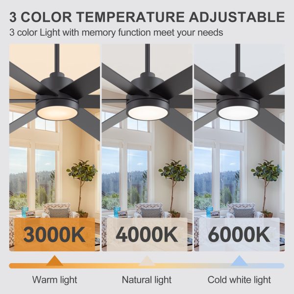 60-Inch Matte Black Ceiling Fan With Light, 5 Reversible Blades (Black/Wood Grain), Acrylic Lampshade,22W LED 3CCT (3000K/4000K/6000K) With Memory, 28W DC Motor, 6 Speeds, Remote With Timer (1/2/4/8H), Reversible Airflow, 6"&12" Downrods