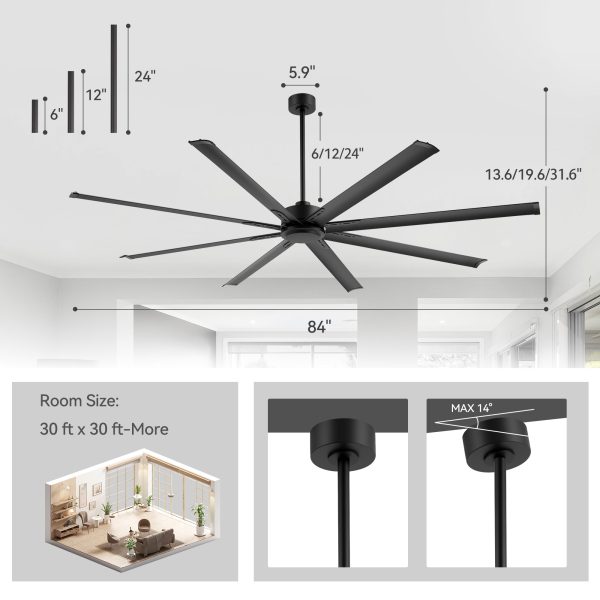 29030-BKZ1.jpg 84-Inch Ceiling Fan Without Light, Matte Black Finish, 8 Aluminum Blades, Energy-Saving DC Motor, 6-Speed Remote Control With Forward/Reverse, 1/2/4/8H Timer, Includes 6", 12" & 24" Downrods, Quiet Operation For Large Rooms Or Patios