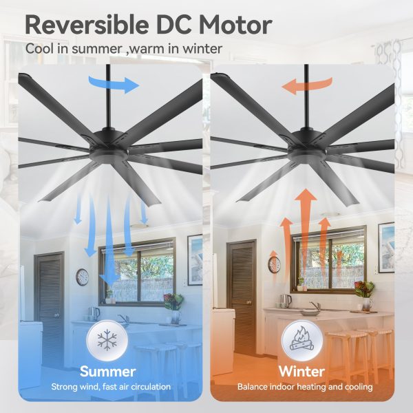 29030-BKZ6.jpg 84-Inch Ceiling Fan Without Light, Matte Black Finish, 8 Aluminum Blades, Energy-Saving DC Motor, 6-Speed Remote Control With Forward/Reverse, 1/2/4/8H Timer, Includes 6", 12" & 24" Downrods, Quiet Operation For Large Rooms Or Patios