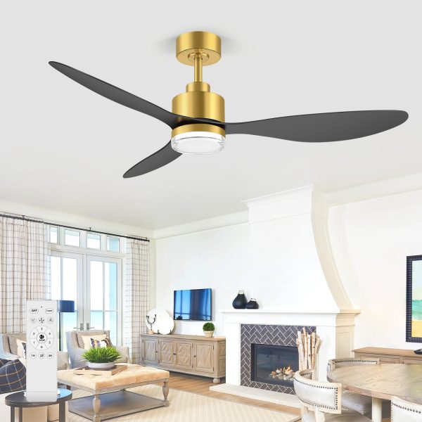52-Inch Ceiling Fan With Light, Modern Gold/Black Finish, 3 ABS Blades, 18W 3-Color LED With Double-Layer Acrylic Shade, Quiet DC Motor, 6-Speed Reversible, Remote Control With 1/4H Timer, 6-In Downrod, Indoor Use