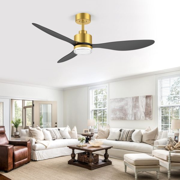 52-Inch Ceiling Fan With Light, Modern Gold/Black Finish, 3 ABS Blades, 18W 3-Color LED With Double-Layer Acrylic Shade, Quiet DC Motor, 6-Speed Reversible, Remote Control With 1/4H Timer, 6-In Downrod, Indoor Use