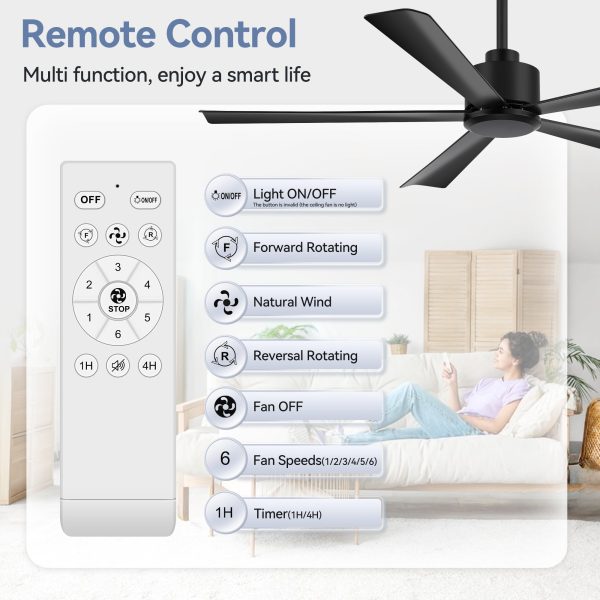 52 In. 6-Speed Indoor Black Ceiling Fans With Remote Without Light,5" Downrod Included