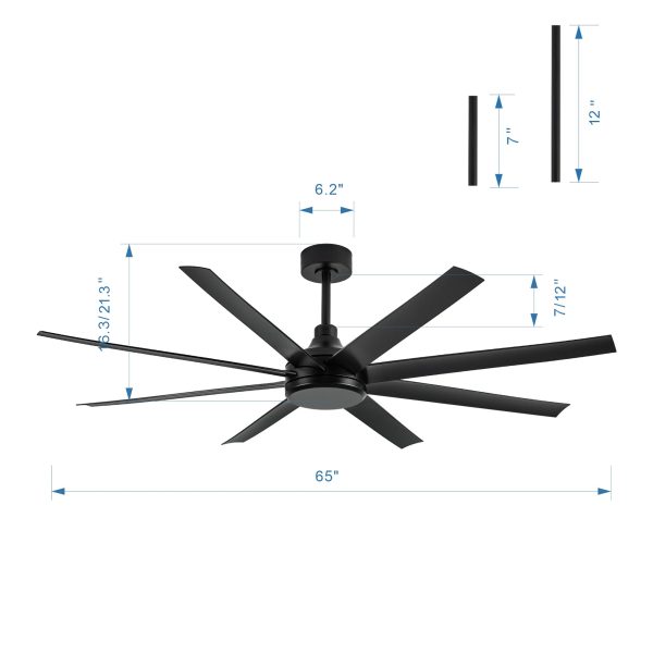 65-Inch Industrial Ceiling Fan, No Light With Remote, 8 ABS Blades, Quiet Reversible DC Motor, 6-Speed, Timer Function