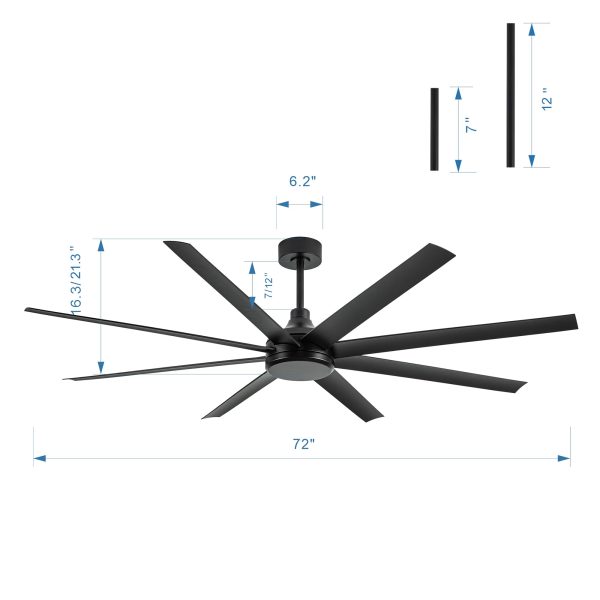 72-Inch Industrial Ceiling Fan, No Light With Remote, 8 ABS Blades, Quiet DC Motor, 6-Speed, Timer Function