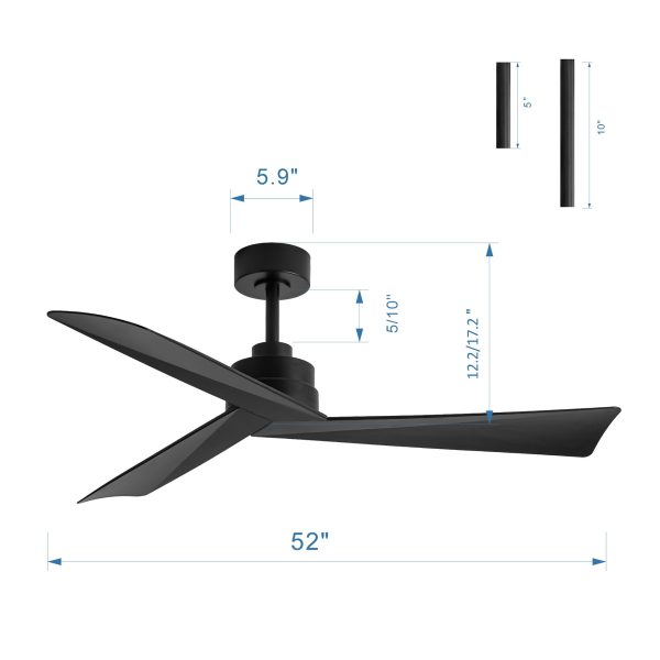 52-Inch 3-Blade Ceiling Fans With Remote Without Light, Quiet Reversible DC Motor, 6-Speed, Industrial Matte Black Ceiling Fans For Kitchen Home Office