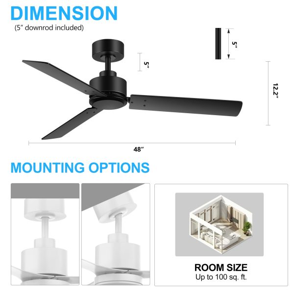 48-Inch 3-Blade Black Ceiling Fan Without Light,5 Downrod Included